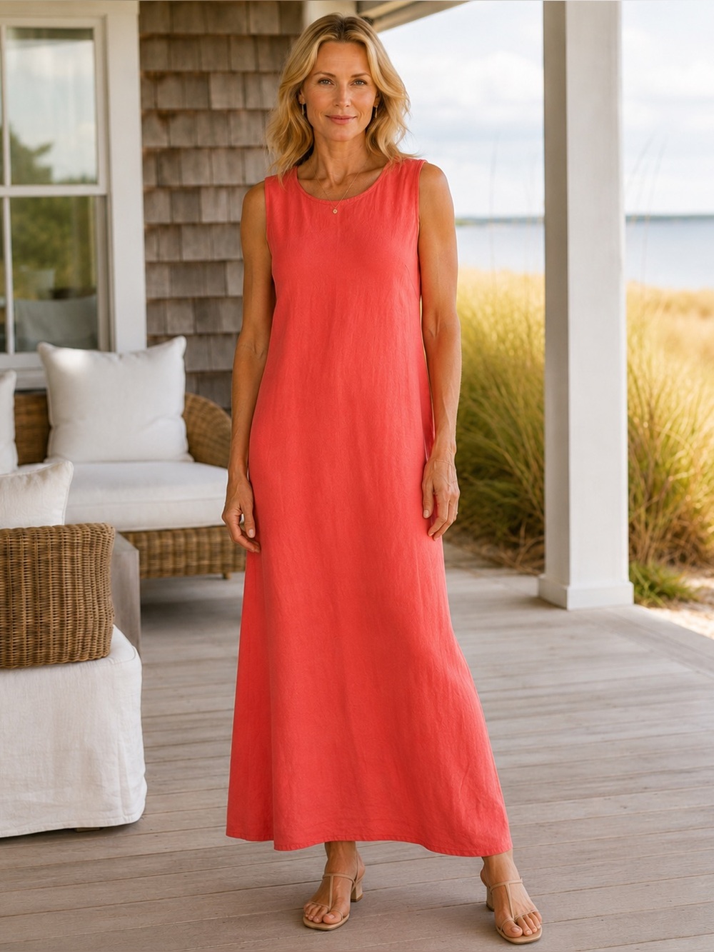 Talbots Linen Blend Sleeveless Maxi Dress Coral Pink Size 14